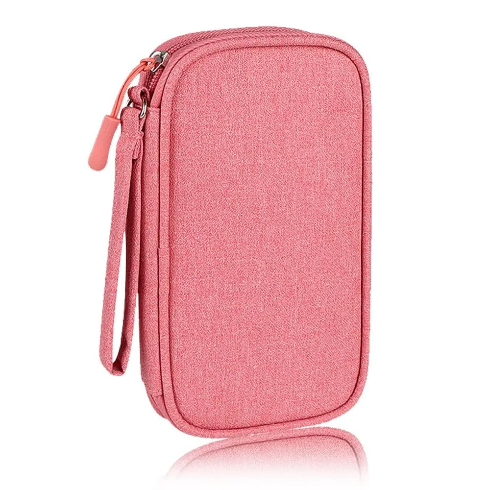 Pink rectangular electronics organiser pouch with zipper and lanyard