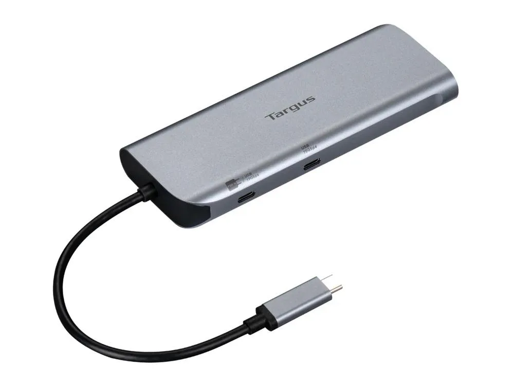 Silver rectangular docking station, 8.0 by 4.3 by 1.1 inches