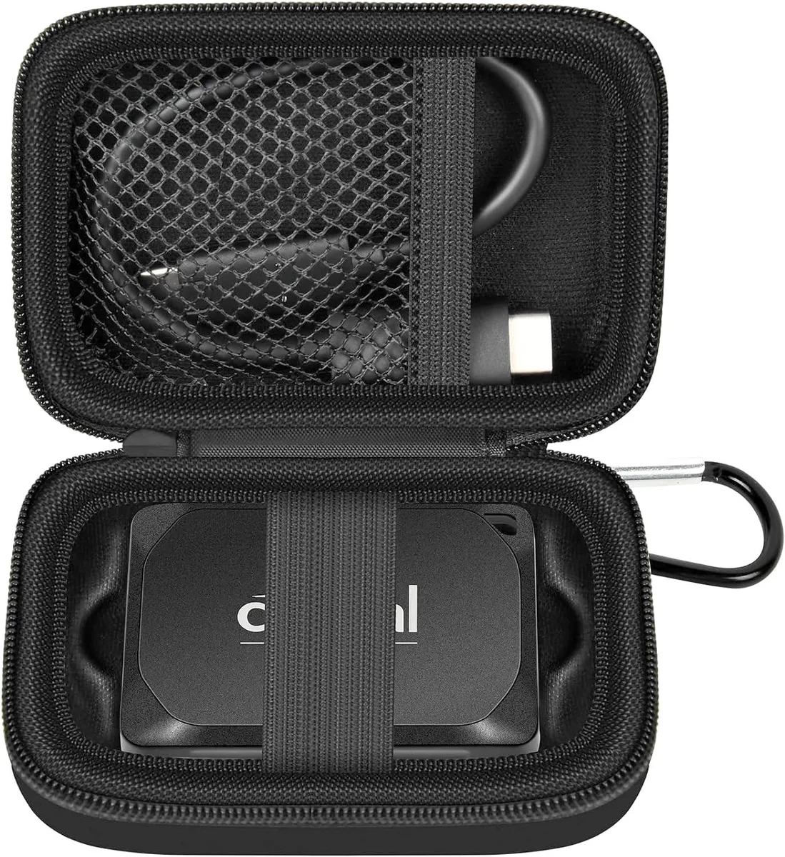 Black hard-shell carrying case with mesh pocket, 4 by 2.9 by 1.7 inches