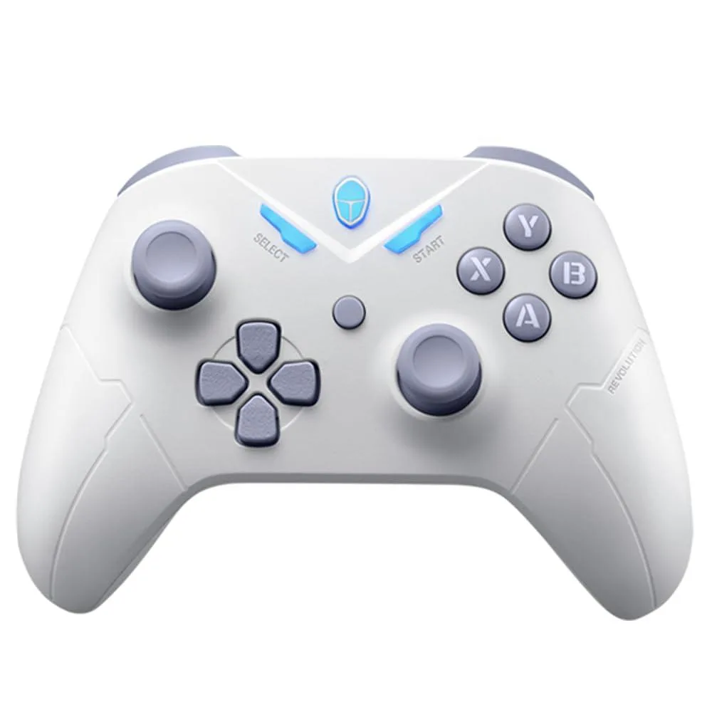 White wireless gamepad with adjustable-height thumbsticks and asymmetrical grips