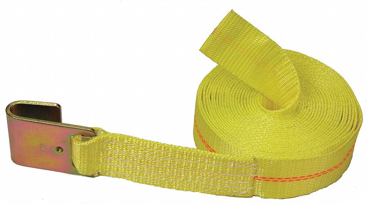 Yellow polyester tie-down strap 25 ft flat hooks 3 300 lb WLL