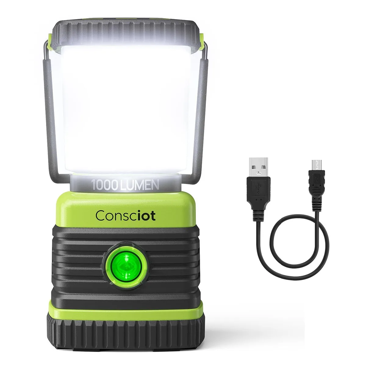 Black cylindrical LED lantern with removable diffuser, top handle and bottom hook, IPX4 rated