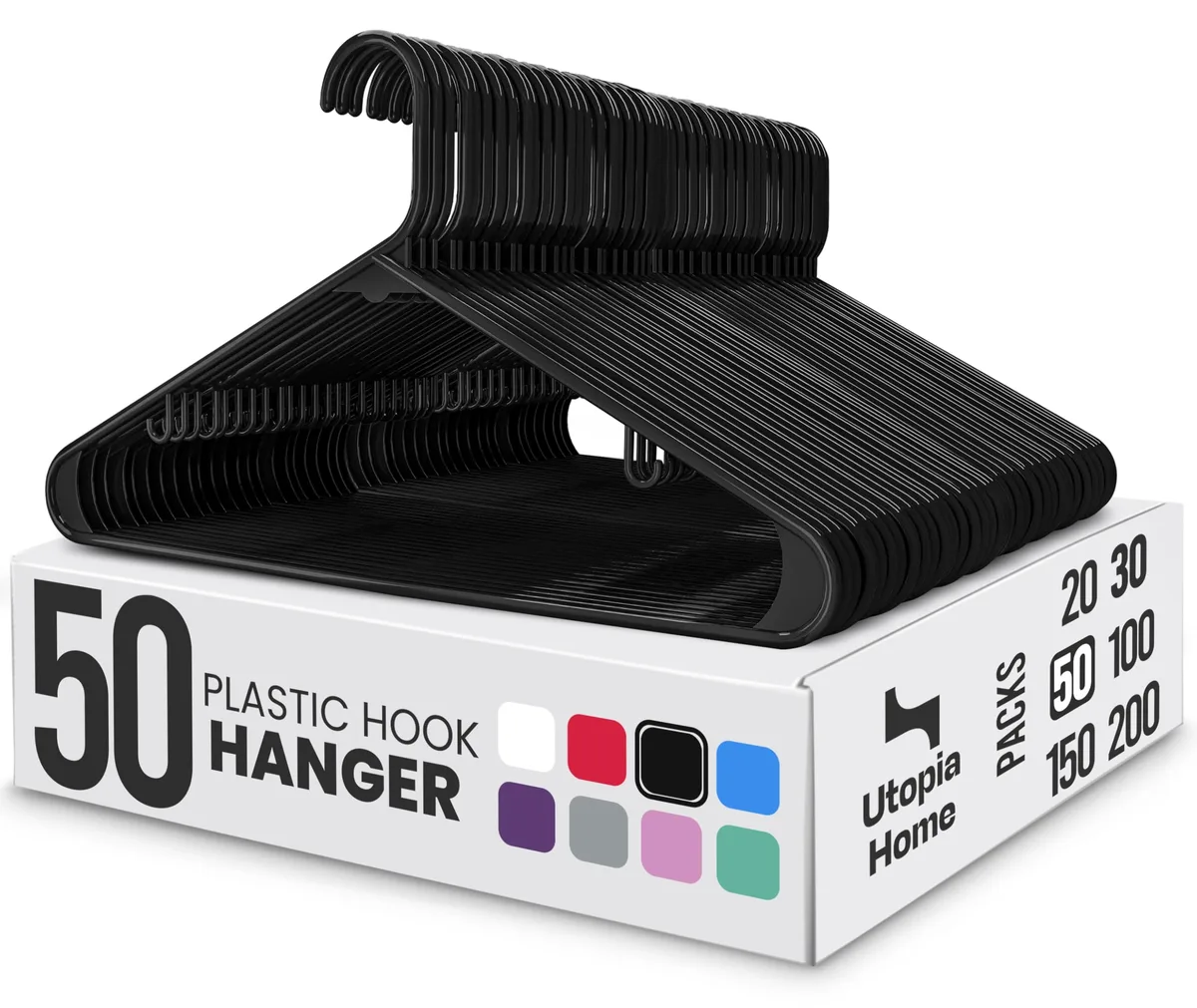 Fifty black plastic hangers with built-in strap hooks, slim profile