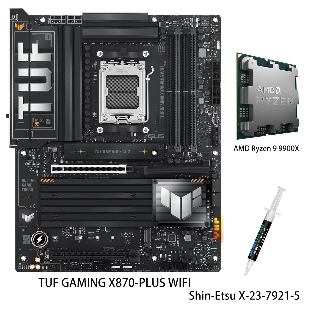ASUS ASUS TUF GAMING X870-PLUS WIFI + Ryzen 9 9900X AMD motherboard and CPU combo — product photo
