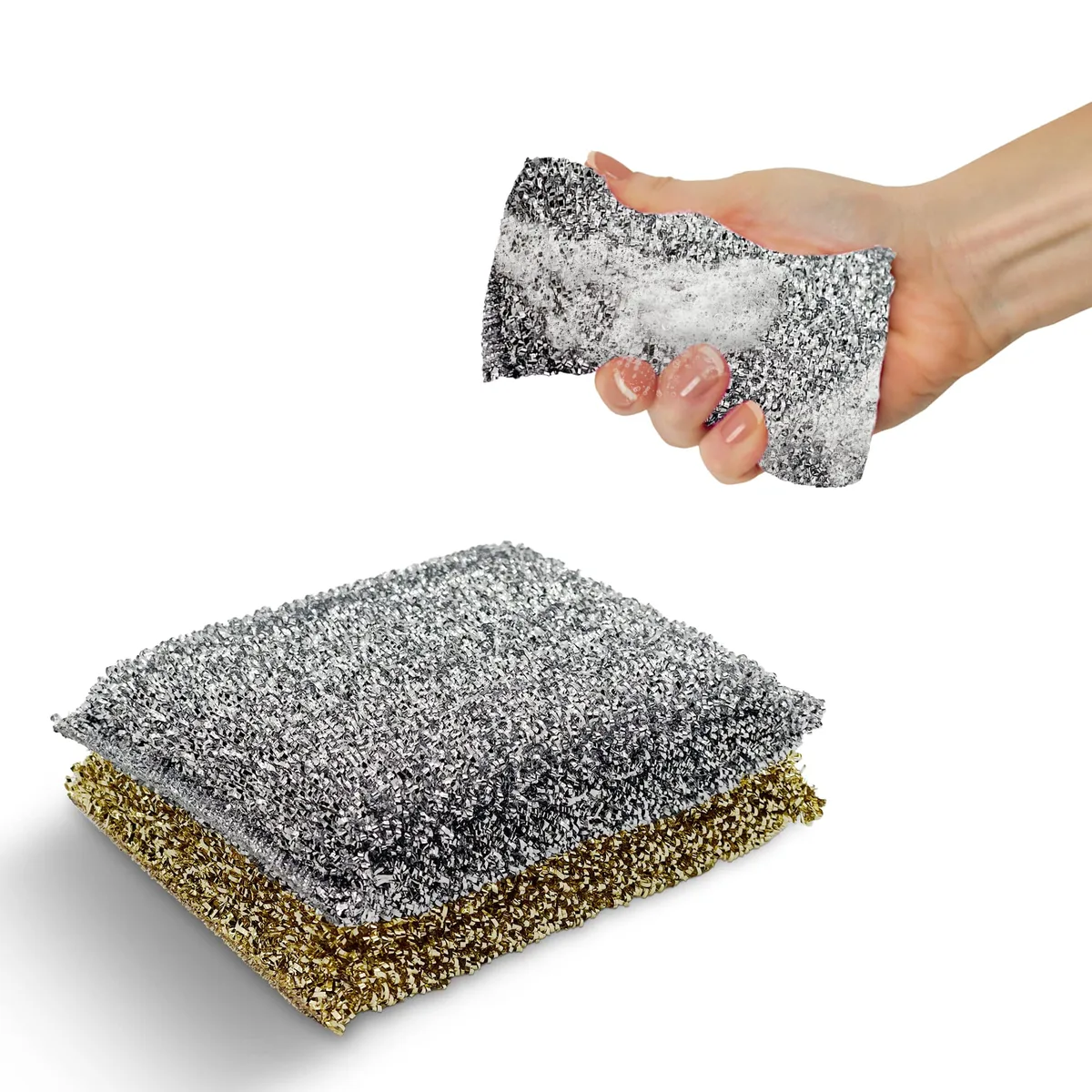 Two rectangular yellow sponges with green scouring pads on top, packaged together