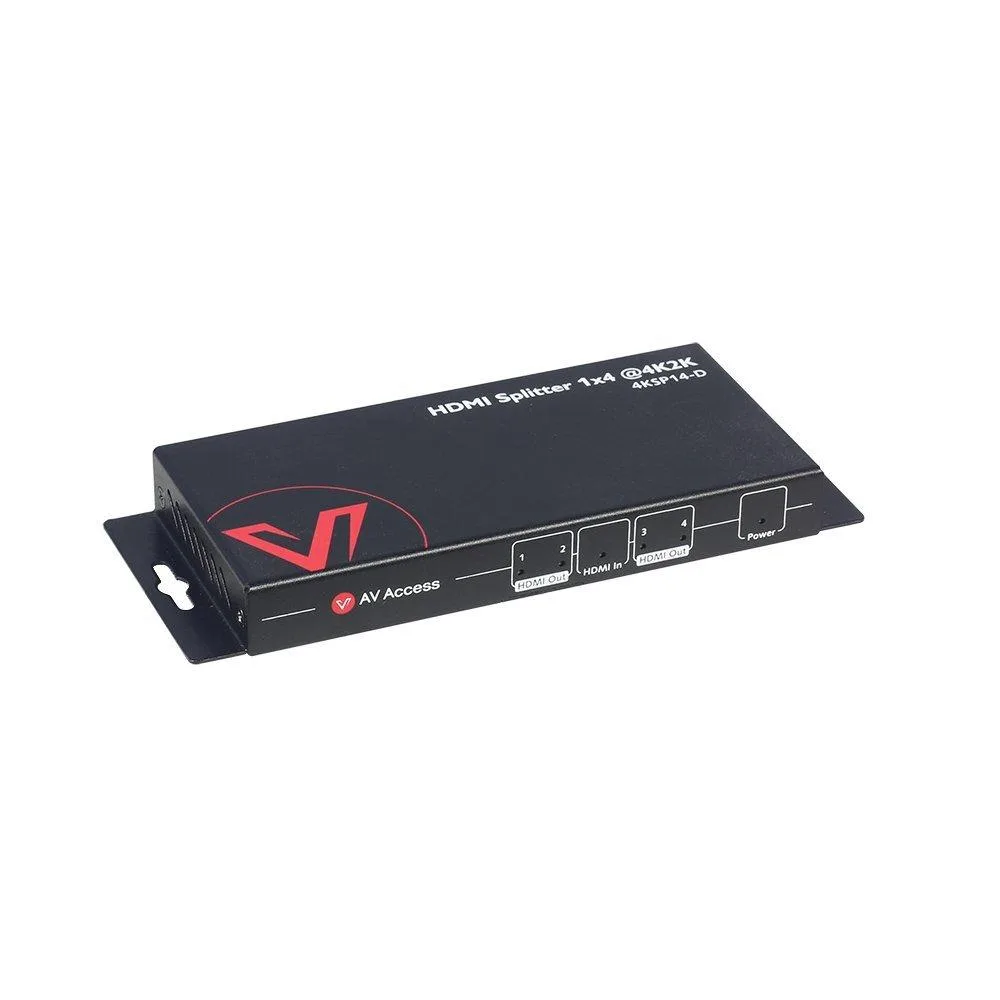 Small black HDMI splitter box with ports on one side and threaded power connector