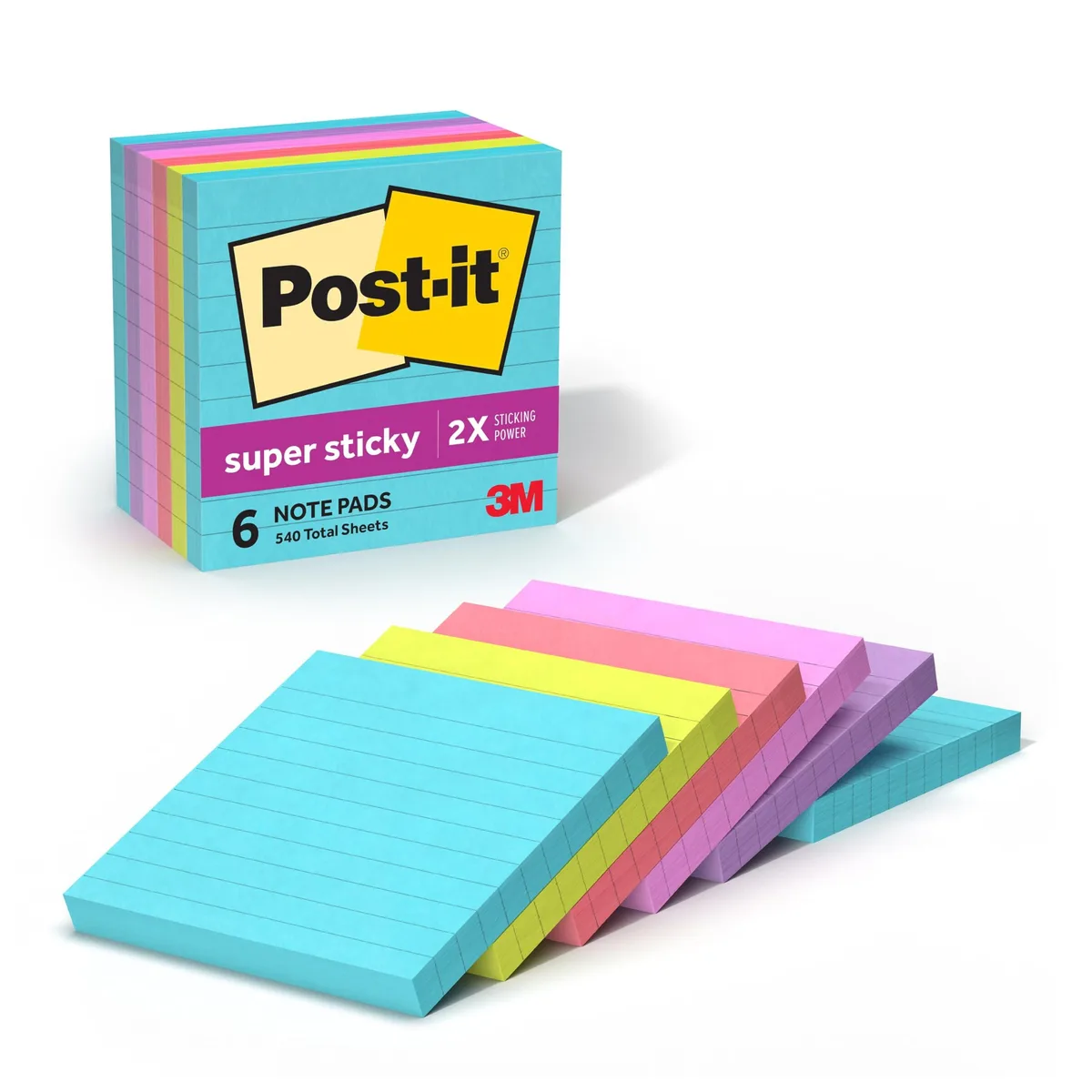 Six square pads of lined neon sticky notes in bright pink green blue and purple colours
