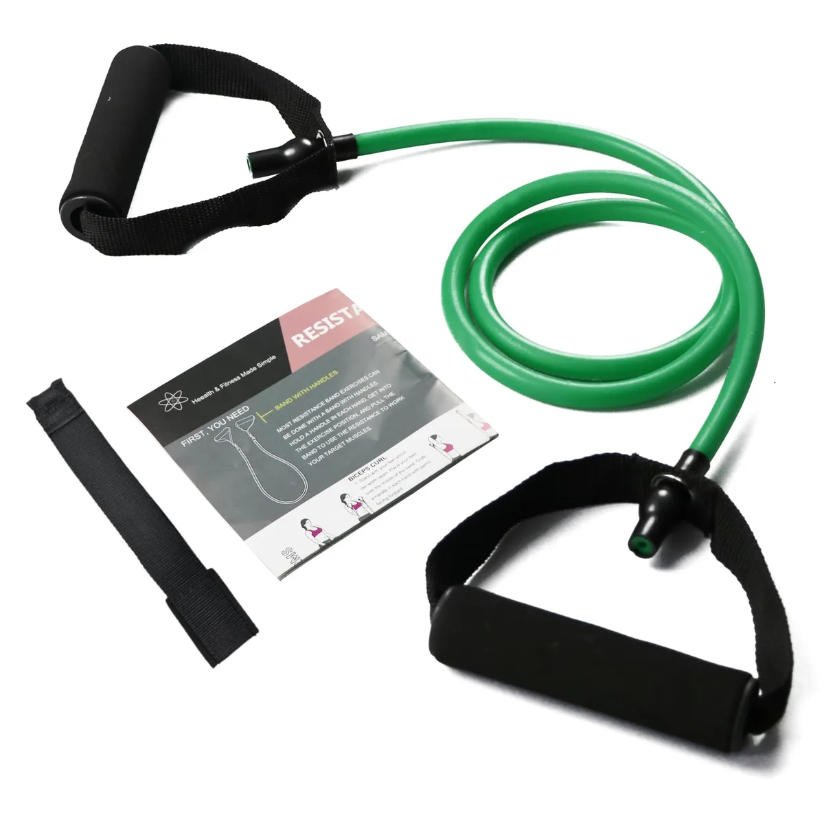 Green natural rubber resistance band with handles, door anchor and travel pouch