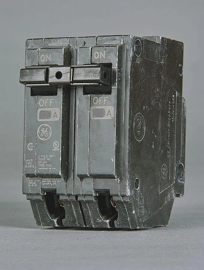 Grey GE THQL2180 two-pole breaker with toggle actuator