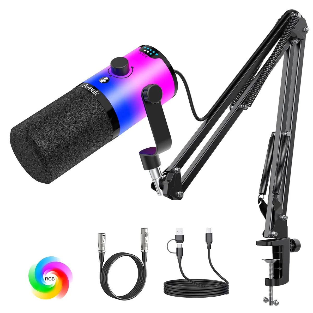 Aveek Dynamic Microphone White 11 RGB Modes -50dB 78dB SNR USB XLR Boom Arm — product photo