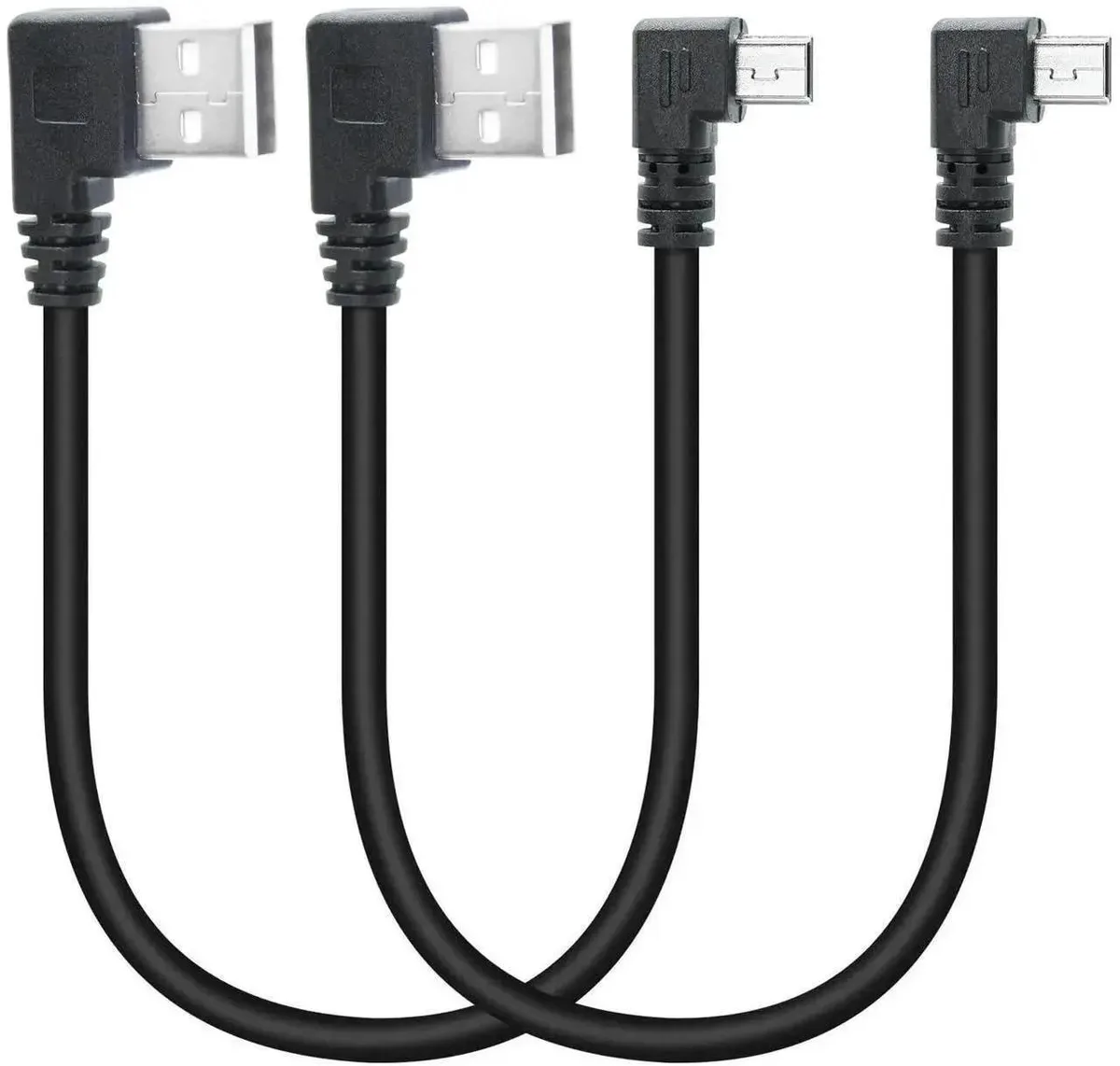 Two short left-angled Mini USB 2.0 cables, 90-degree connectors, compact form