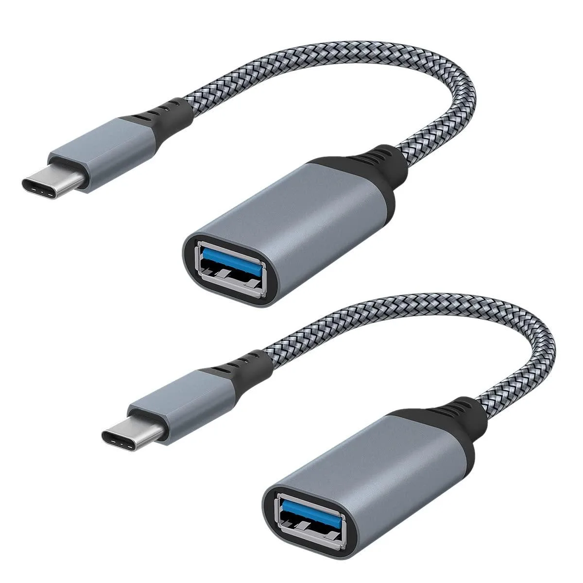 Two gray USB-C male to USB 3.0 female adapters with aluminum alloy finish