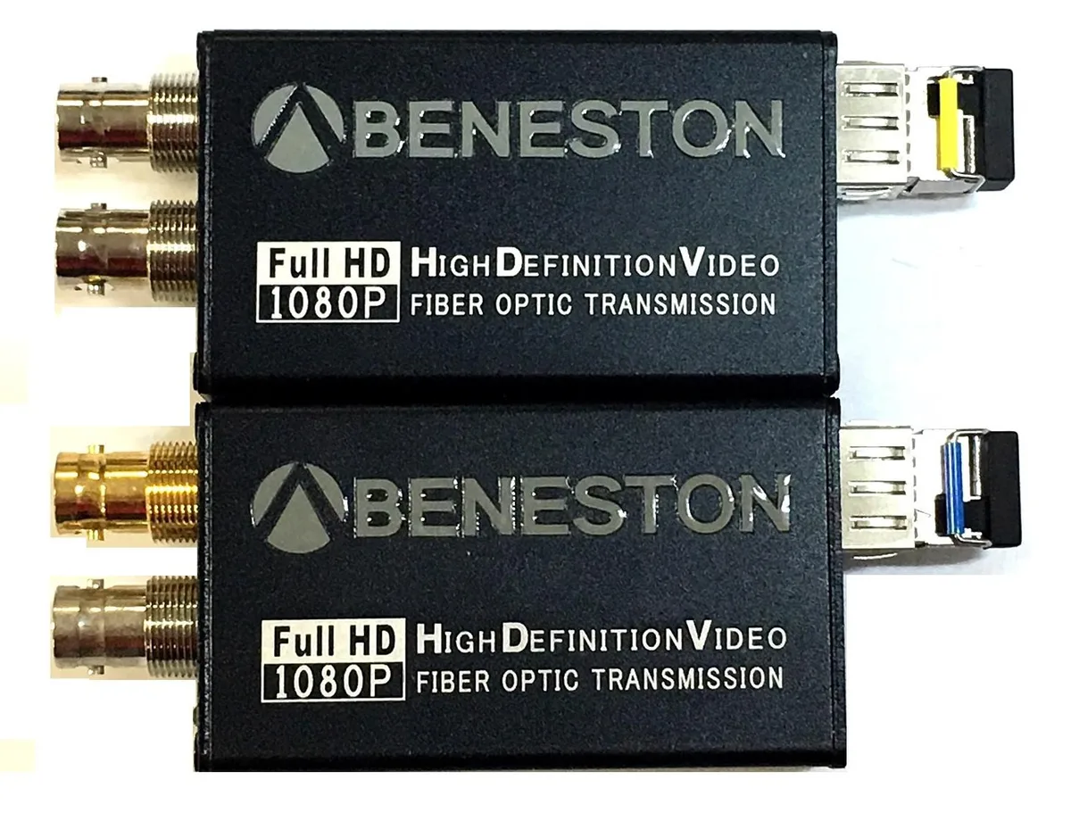 Pair of compact fibre converter units in black metal with LC ports and HD-SDI connectors