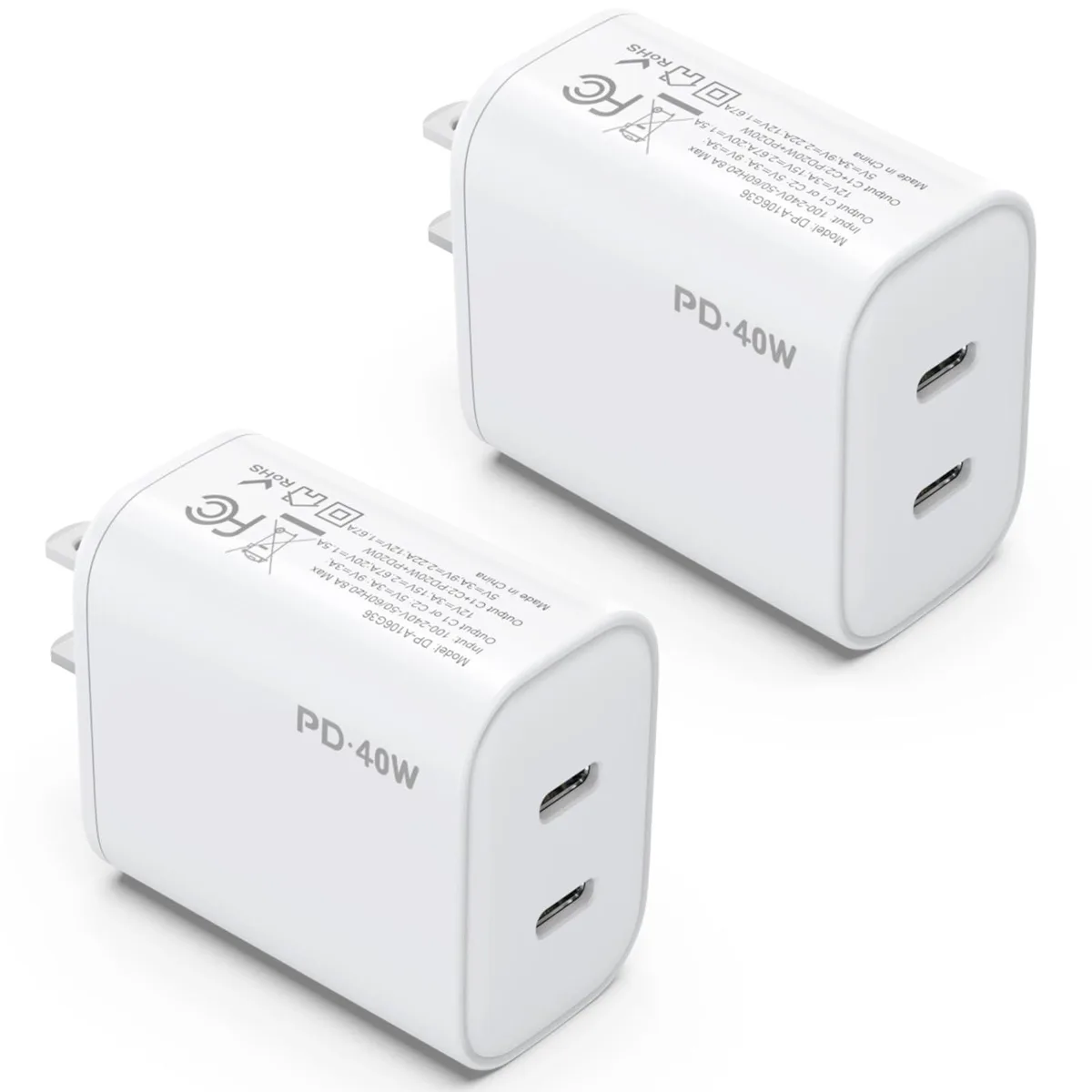 Two small white wall chargers each with two USB-C ports