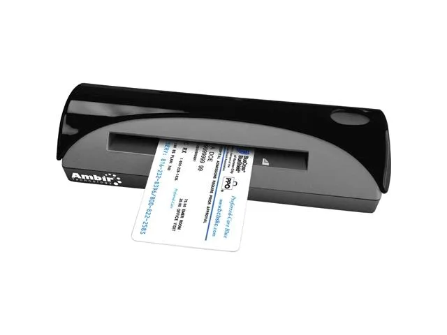 Compact USB-powered sheet-fed scanner, matte black, stapler-sized