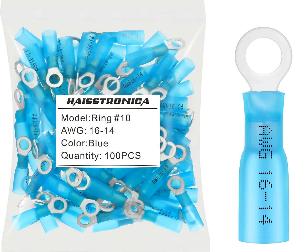  HX1505 100pcs #10 16-14 AWG Blue Heat Shrink Ring Connectors — product photo
