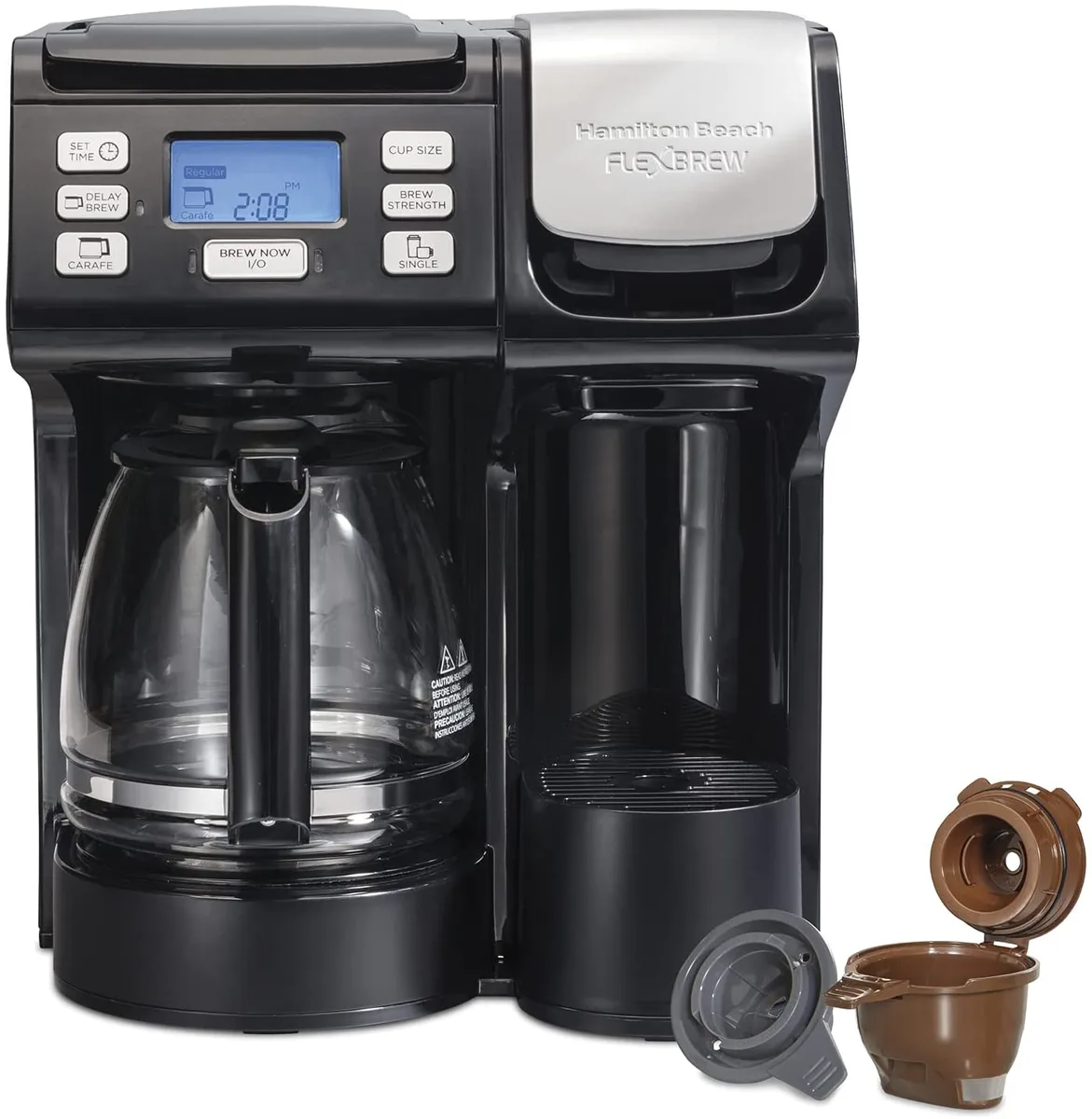Hamilton Beach FlexBrew Trio coffee maker in black with glass carafe and single-serve side