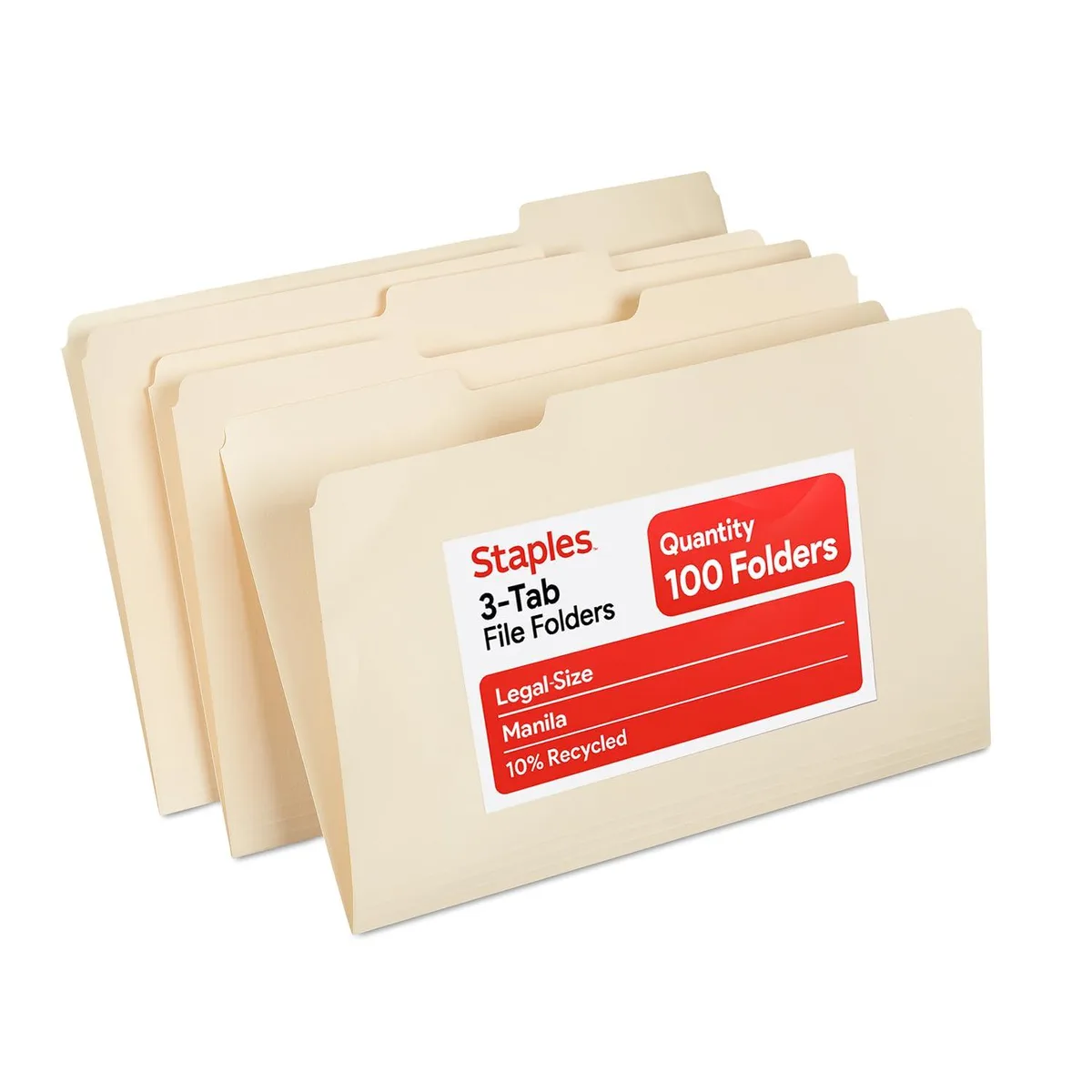  Staples 163360 Manila File Folders Legal 1/3-Cut Tabs 100 Pack — product photo