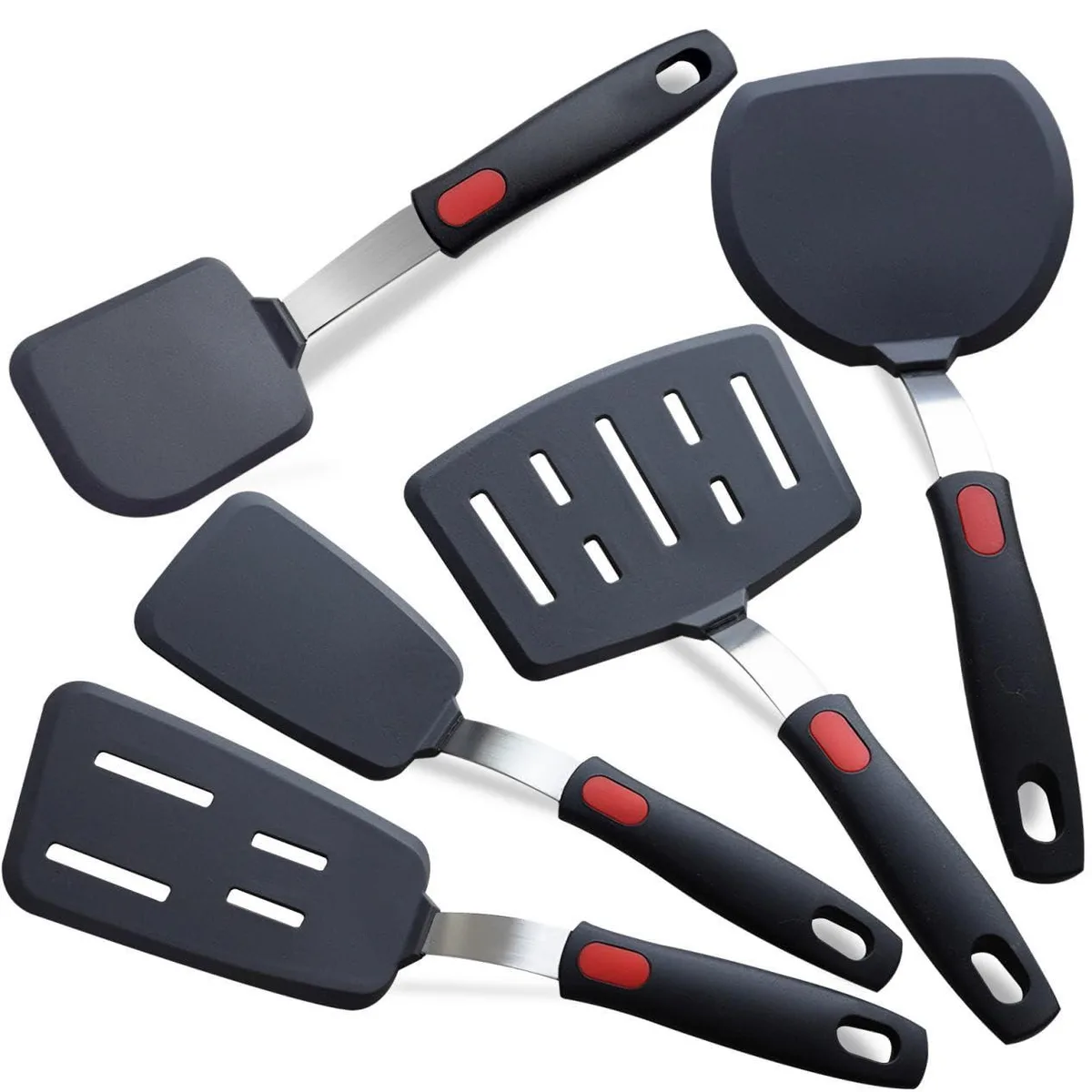 Five black silicone spatulas with stainless steel cores, turner and flipper shapes