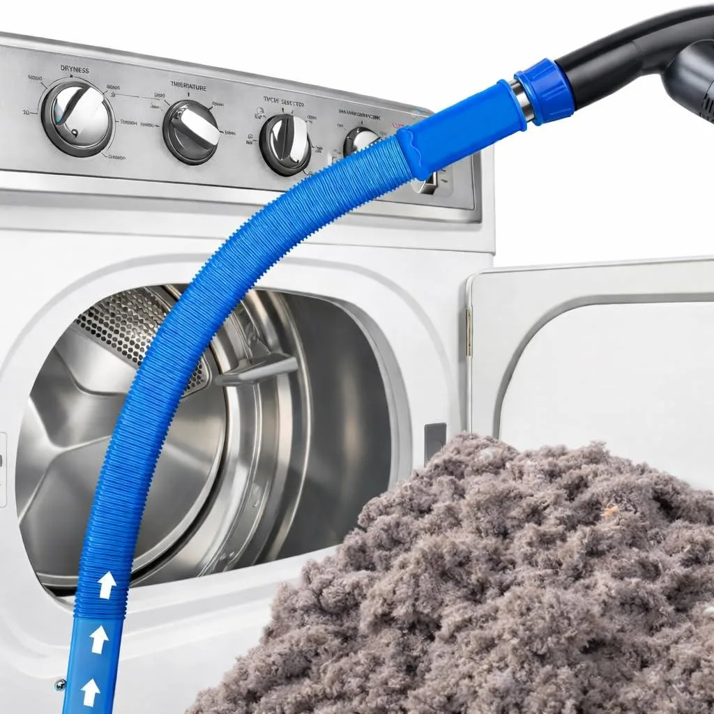 Dryer vent cleaner kit with flexible vacuum hose attachment and long lint brush