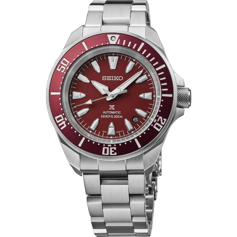 Stainless steel automatic diver watch with red dial and bezel, 41.7mm case, screw-down crown, tri-fold clasp
