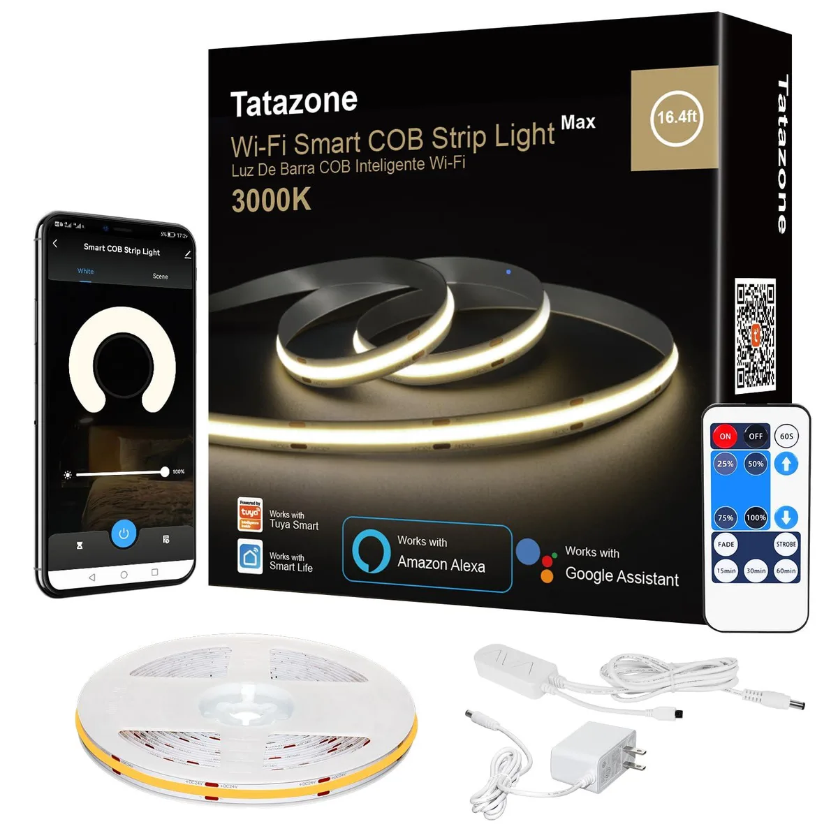White flexible COB LED strip on reel, 16.4ft warm white indoor lighting kit