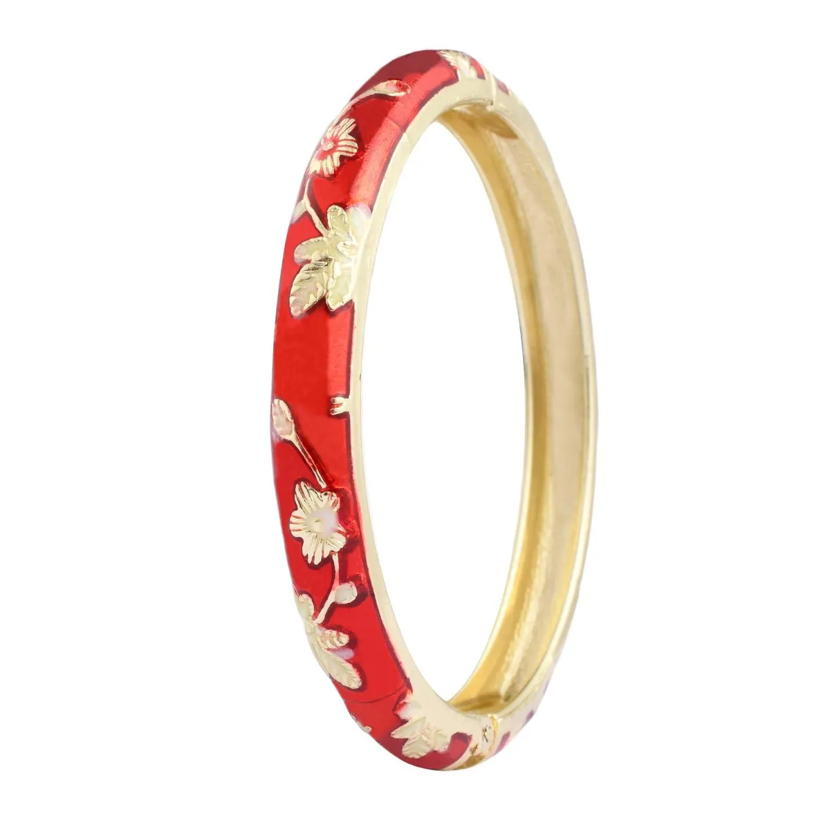 Red-gold cloisonné enamel bangle, 60 mm diameter, 10 mm wide, floral pattern, spring hinge clasp