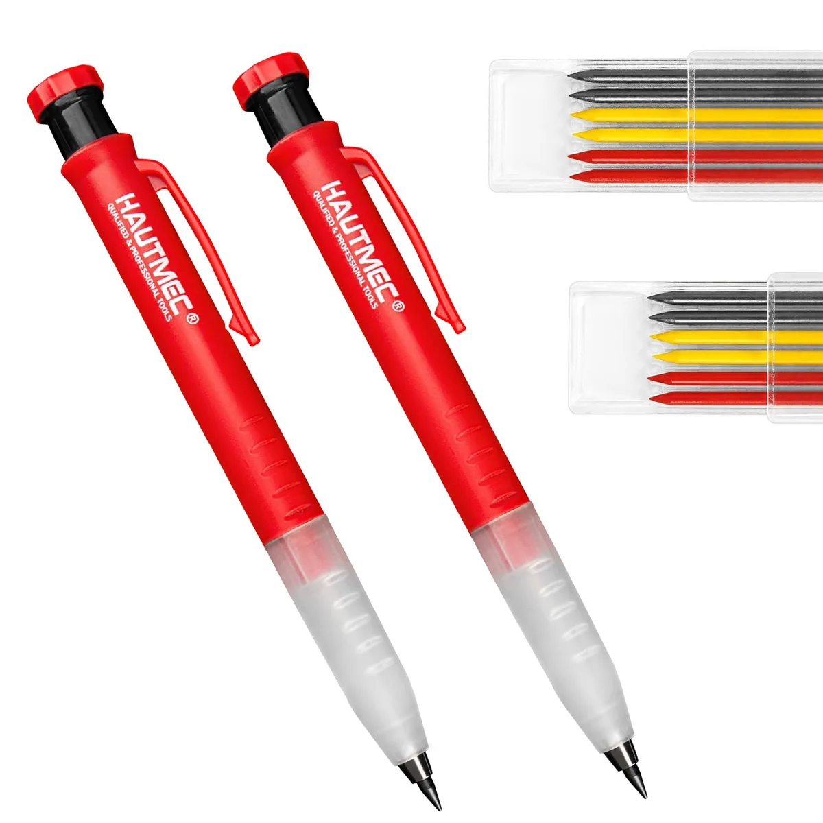 Two blue mechanical carpenter pencils with 43mm stainless steel noses, built-in sharpeners, and belt clips