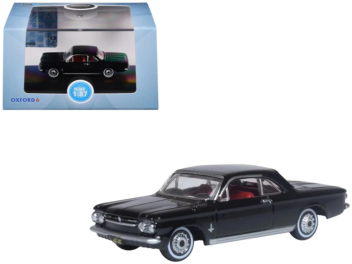 Oxford Diecast Oxford Diecast 1963 Chevrolet Corvair Coupe Tuxedo Black Red Interior 1/87 HO Scale Diecast Model Car — product photo