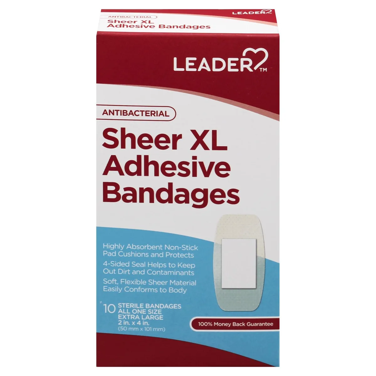 Leader Sheer XL Adhesive Bandages 2" x 4" 10 ct — product photo