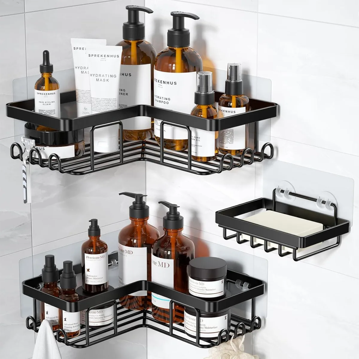  Corner Adhesive Shower Caddy, 12 Hooks, Soap Holder, Black, 3-Pack — product photo