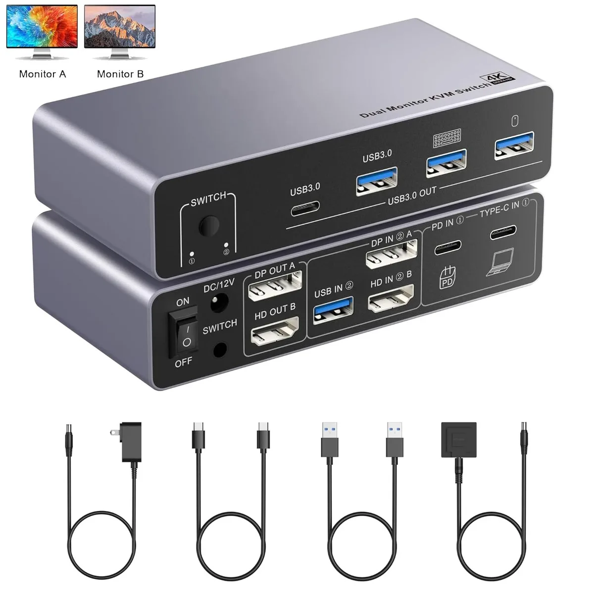 IHDAPP IHDAPP USB C Dual Monitor KVM Switch 1 Desktop 1 Laptop 4K@60Hz HDMI DP USB 3.0 80W PD Wired Remote — product photo