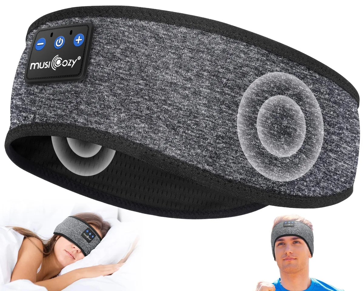 White fabric headband with embedded flat speakers and removable Bluetooth module