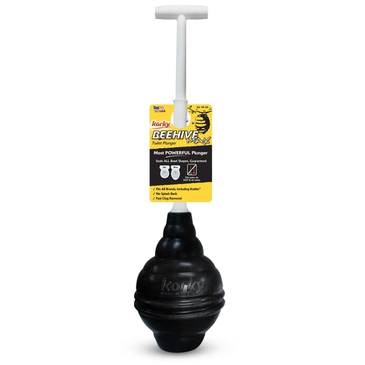 Beehive-shaped black rubber plunger head with adjustable silver T-handle, shown extended for use