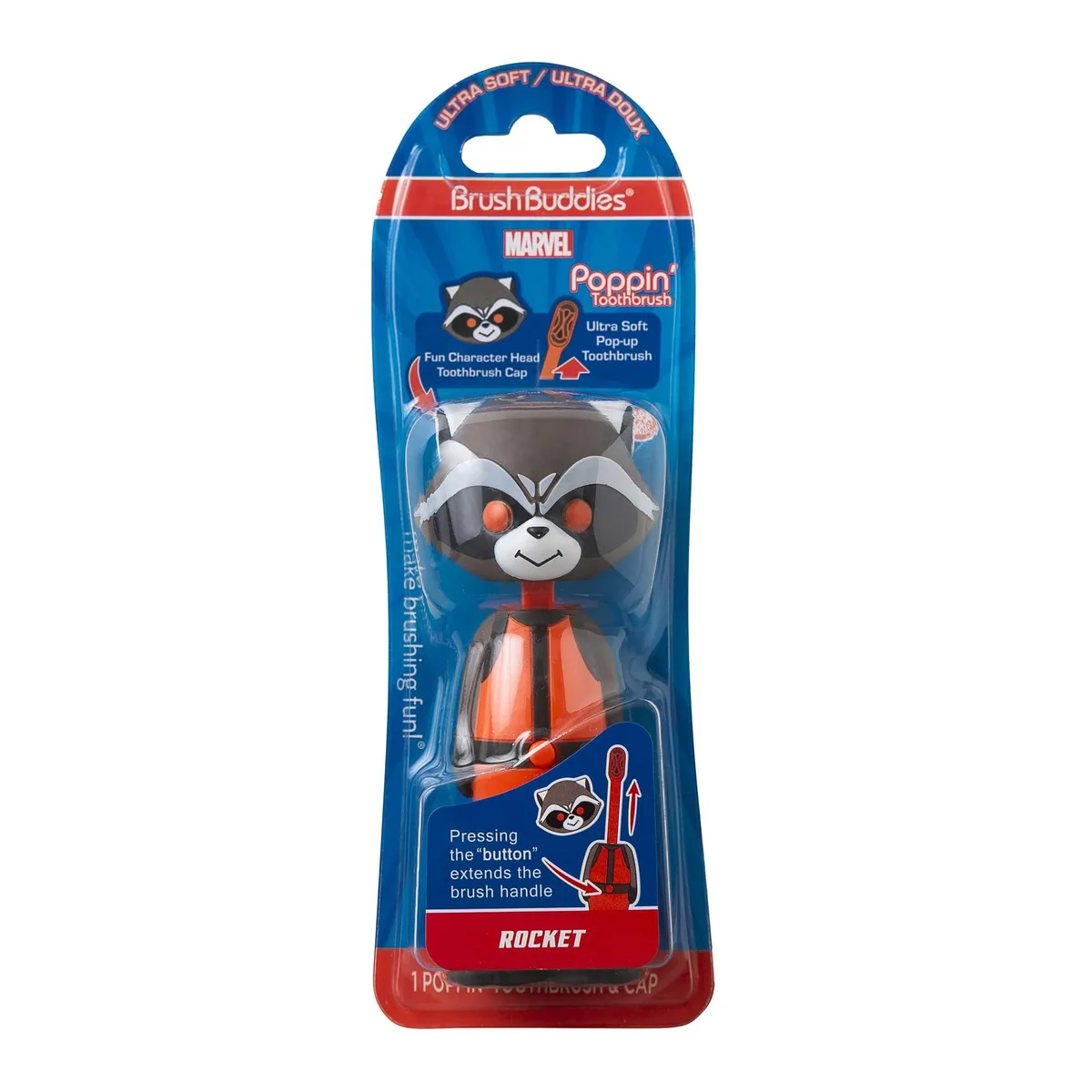 Brown kids manual toothbrush with pop-up Rocket character cover, soft bristles, foldable travel design