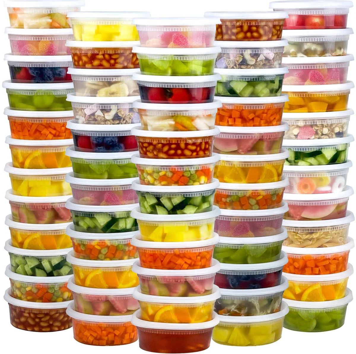 Stack of clear round 8 oz deli containers with matching lids