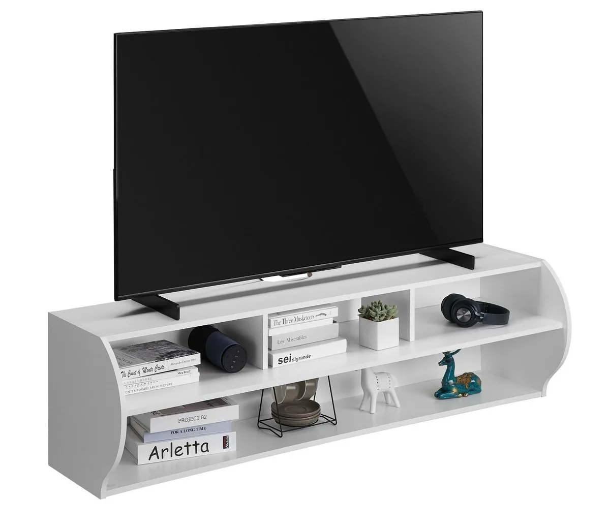 White wall-mounted floating TV stand with two open shelves and cable management cutout