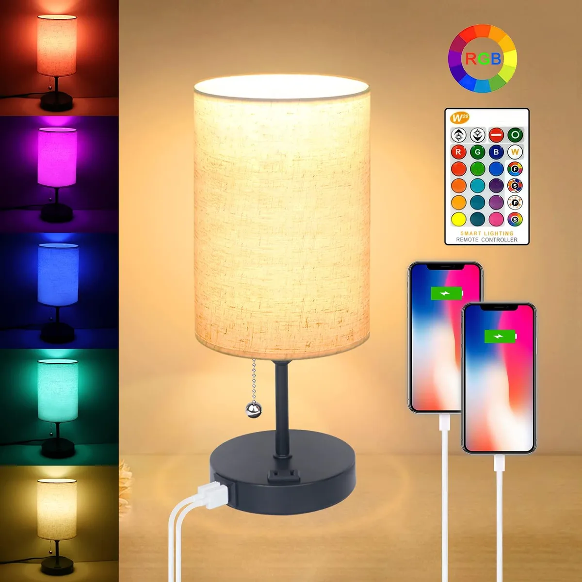 Orange rectangular table lamp with linen shade, USB ports and AC outlet on base, remote control included