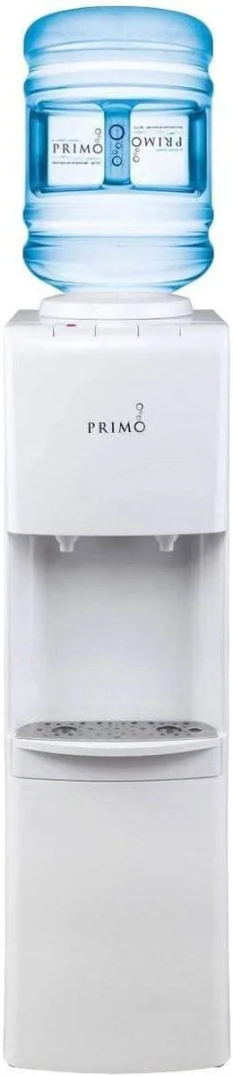 White top-load water dispenser with dual spouts and stainless steel drip tray