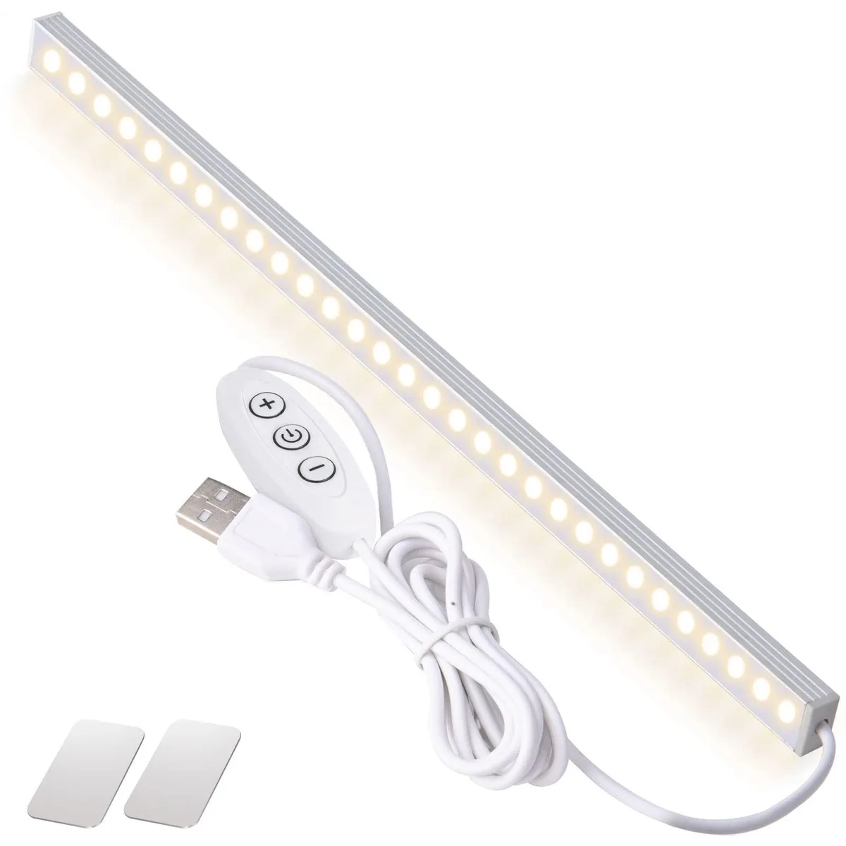 A slim 12 inch white aluminium LED bar with magnetic ends and a USB cable
