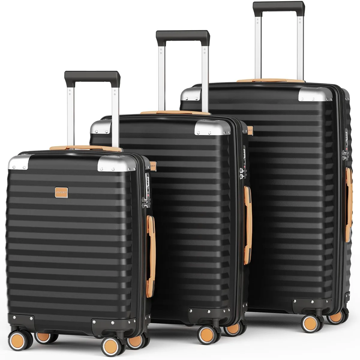 Three black hard-shell suitcases in 20 24 28 inch sizes
