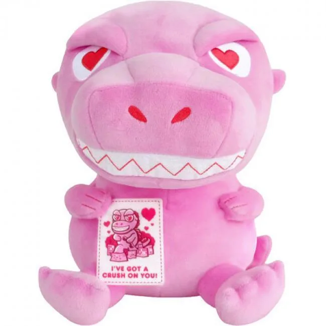 Pink plush Godzilla 1989 holding felt Valentine card