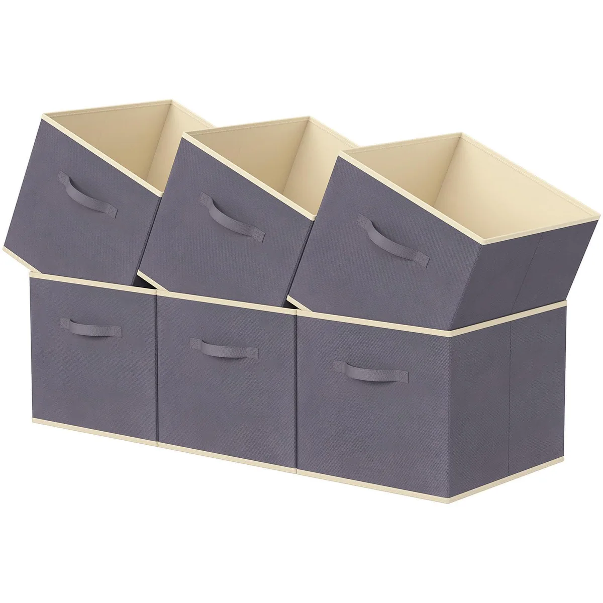 Six collapsible gray fabric cubes with handles, shown upright and folded flat