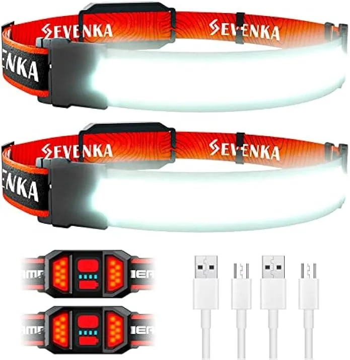 Lightweight rechargeable headlamp with wide COB lens, elastic headband and rear red light