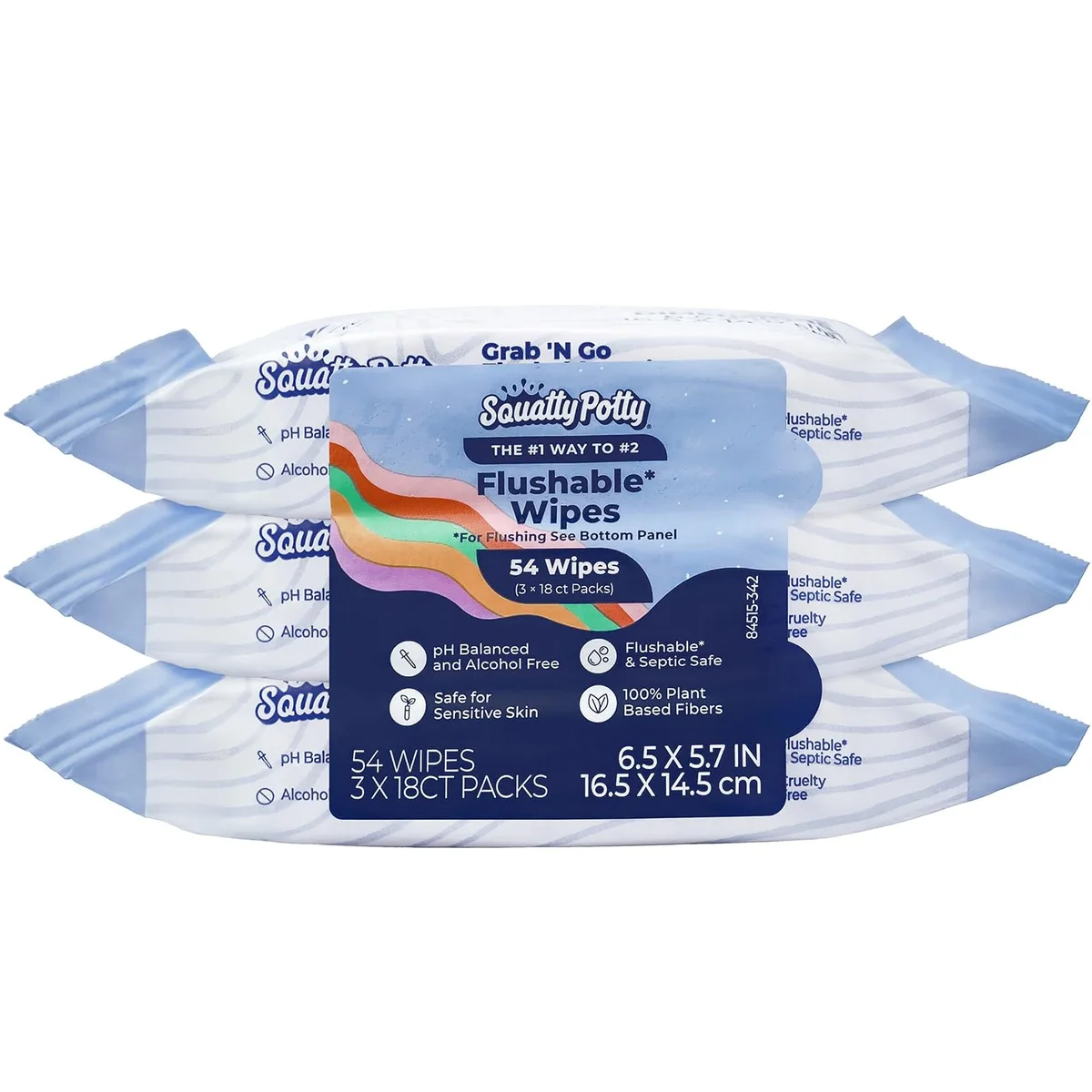 Three rectangular packs of plant-based flushable wipes, each 6.8 by 11.6 cm, 54 total count
