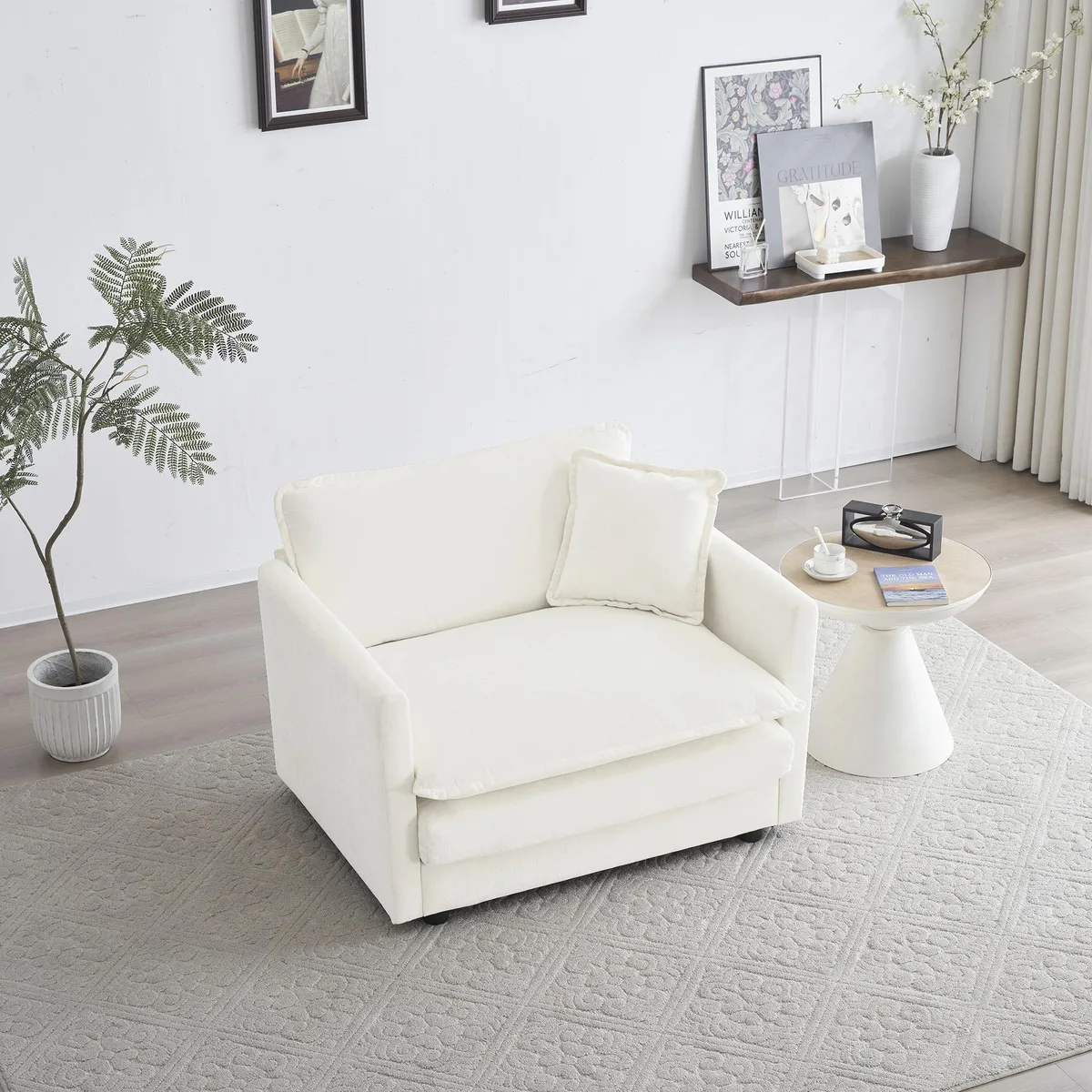 White chenille single-seat sofa with deep cushion and one toss pillow
