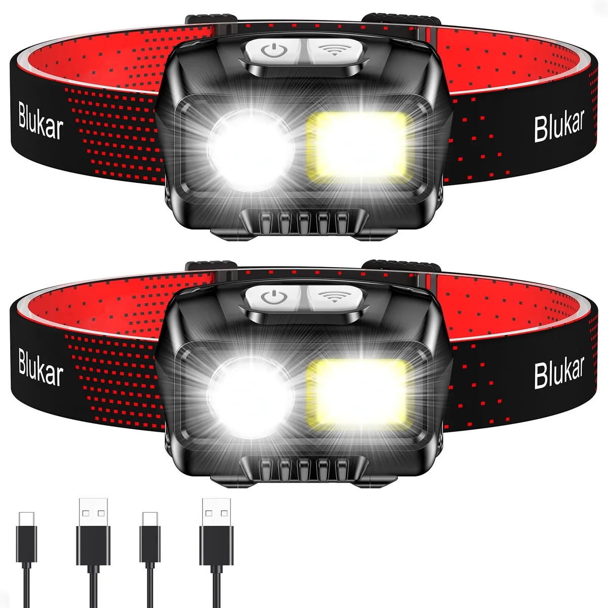 Two black headlamps with adjustable elastic headbands shown side by side