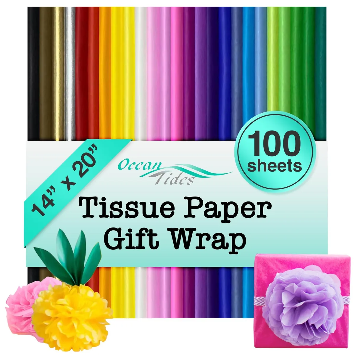 Assorted tissue paper sheets in a roll, 100 sheets 14 by 20 inches