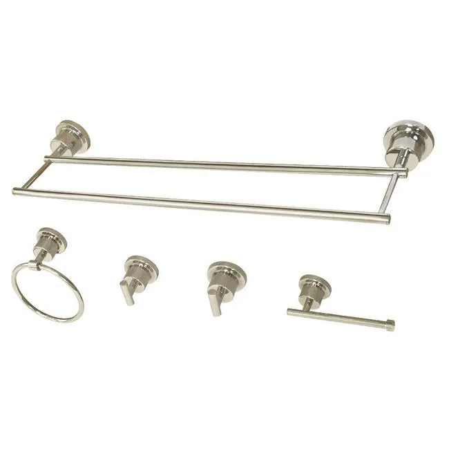 Five-piece polished nickel bathware set with towel bar, ring, hooks and paper holder