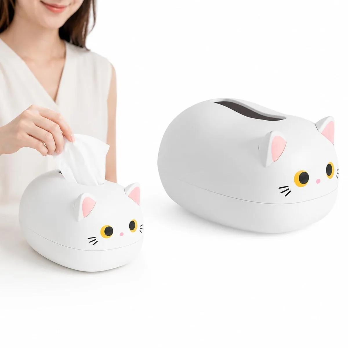 Lightweight ABS cartoon cat tissue box holder with two toothpick holders, 8.66 by 6.29 by 5.11 inches
